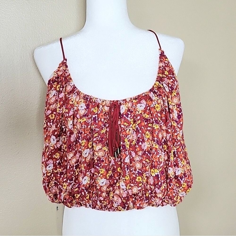 Free People Red Daisy Babe Floral Oversized Bubble Hem Tank Top - Size Small